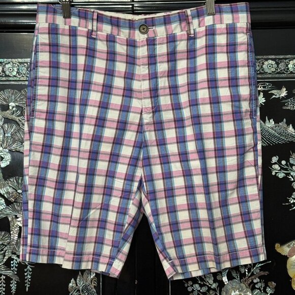 ORIGINAL PENGUIN Plaid Bermuda Shorts 32 Pink Blue White Check Cotton Flat Front - Picture 1 of 14